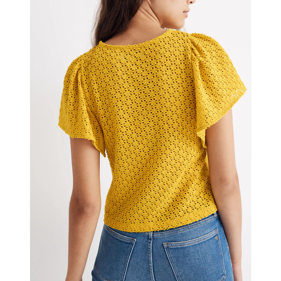 Madewell Texture & Thread Yellow Eyelet Flutter-Sleeve Top Size Medium - Picture 3 of 10
